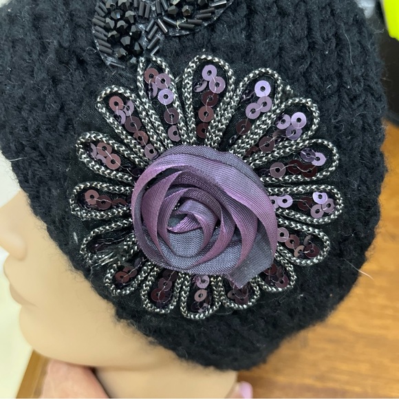 Black soft flower ear warmer muff knit head wrap hat ski headband crochet - Picture 4 of 5